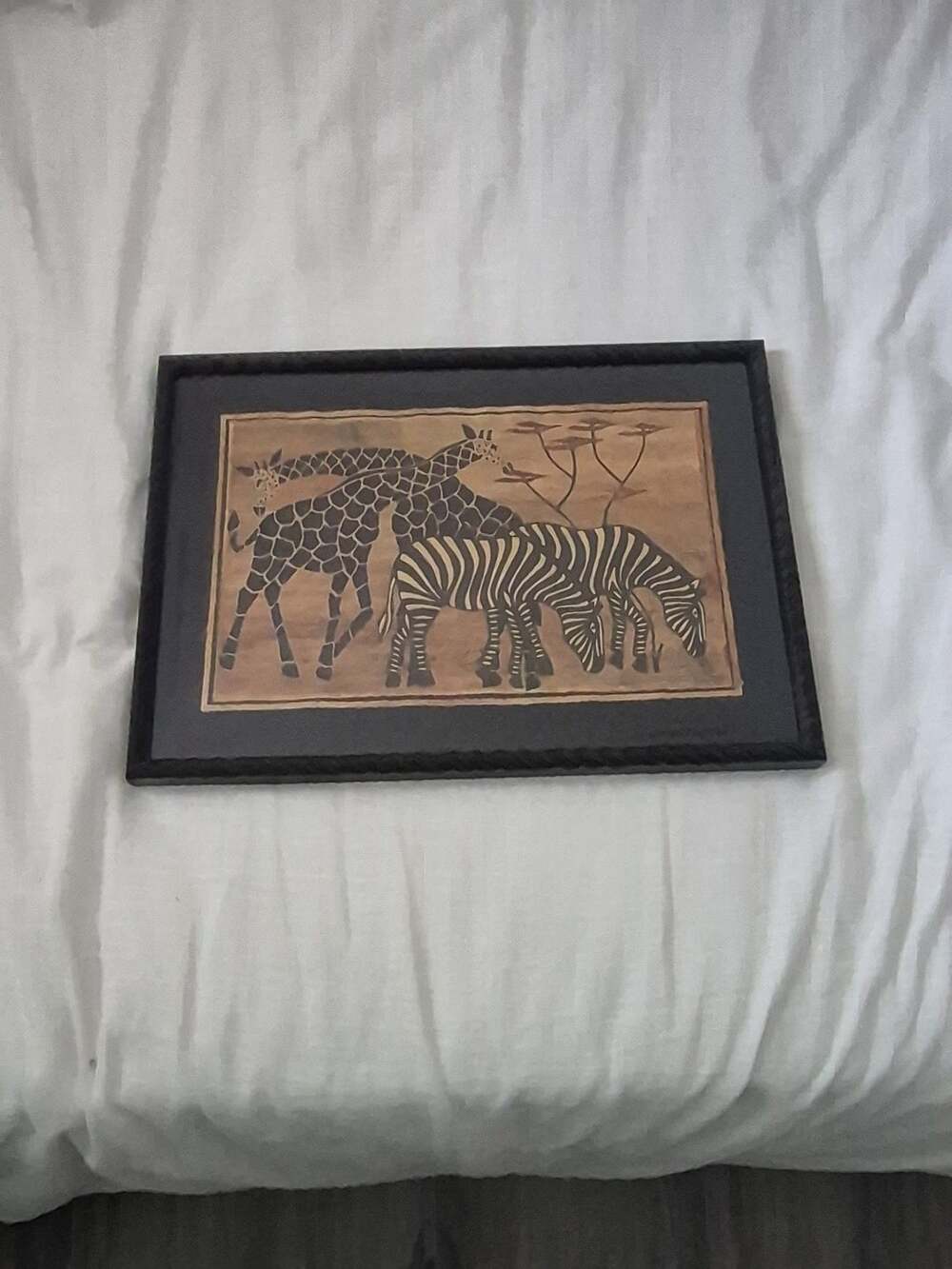 African Safari Banana Leaf Wall Art Giraffe Zebra Framed